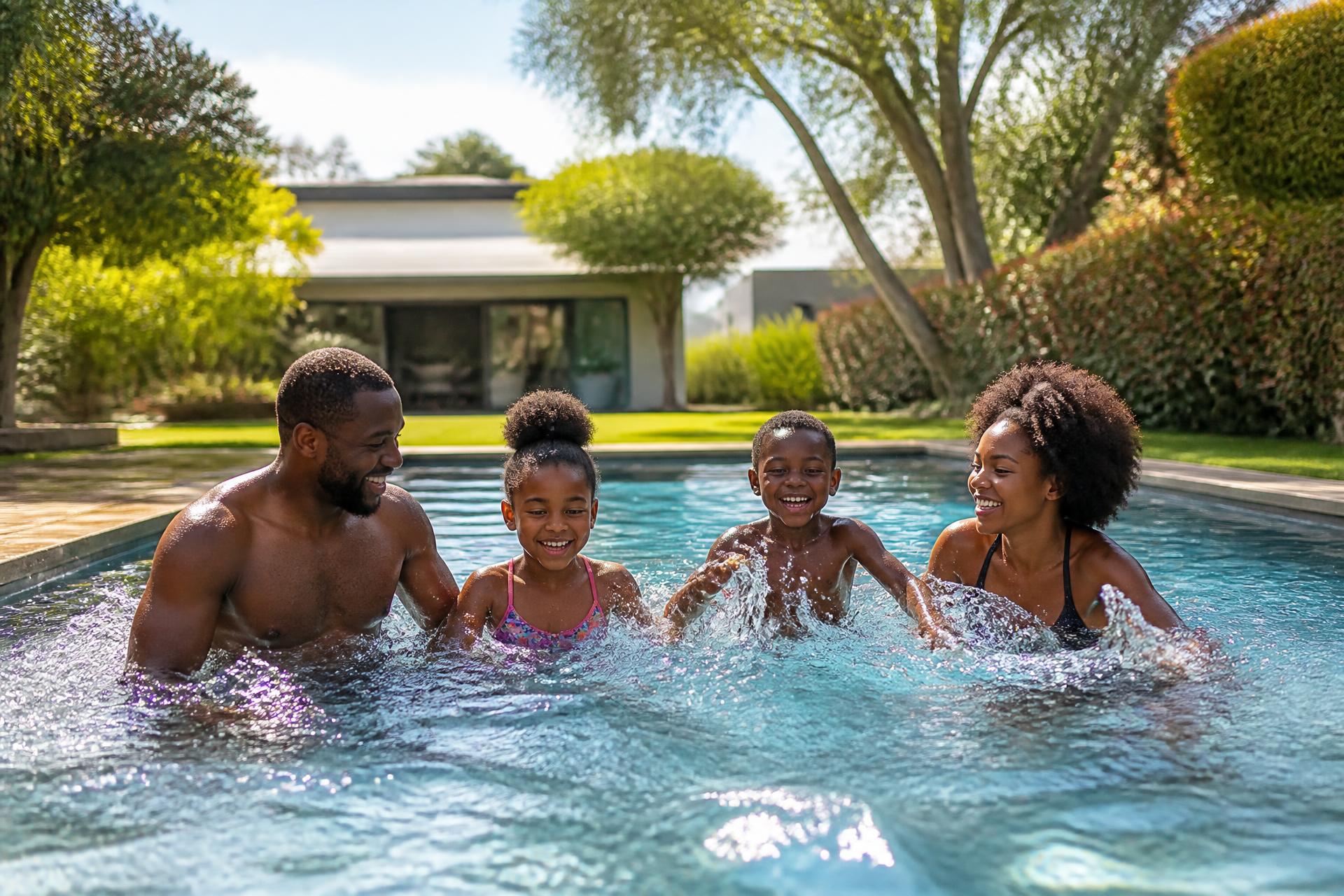 Family playing together in a private backyard pool