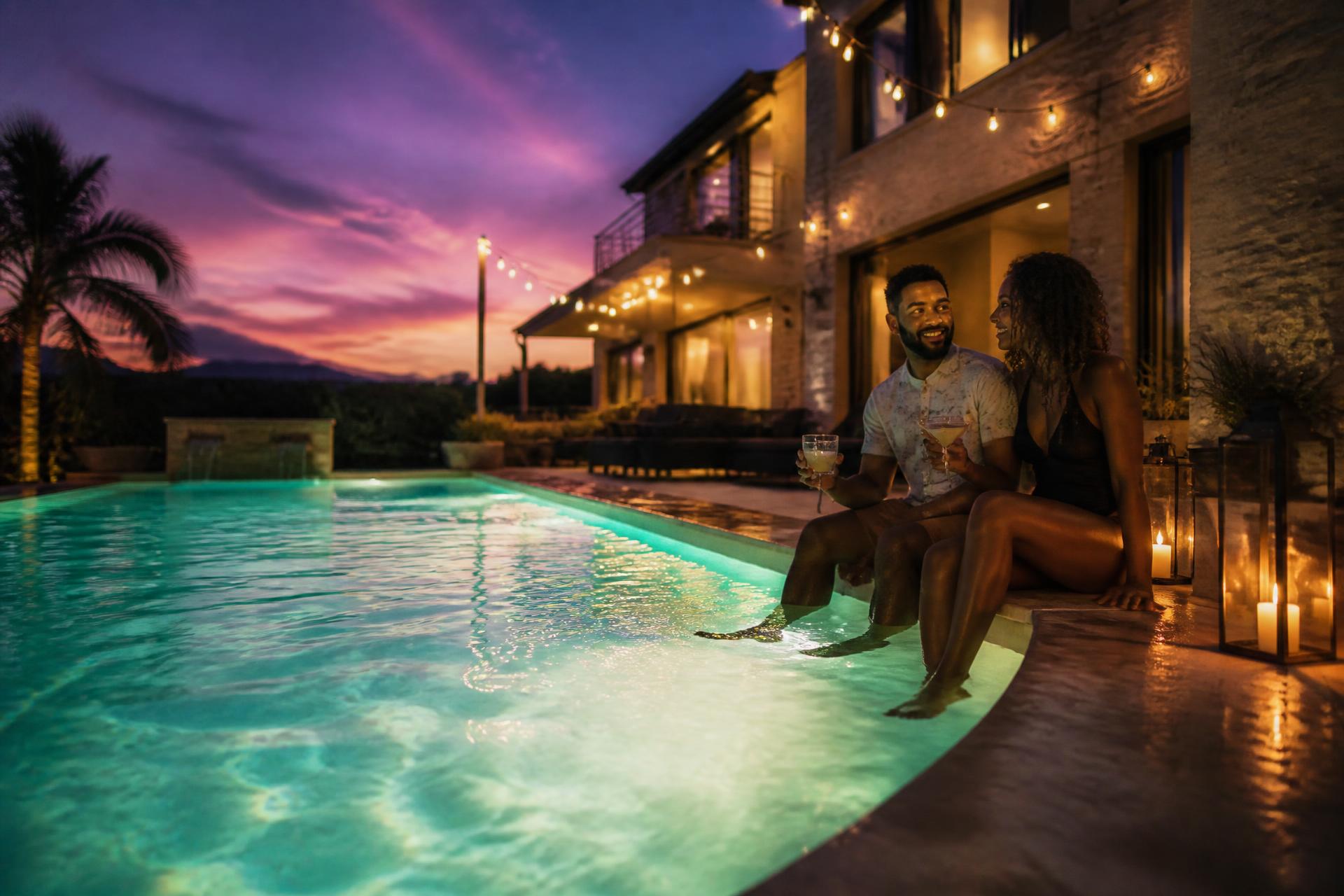 Couple relaxing beside a glowing pool at dusk