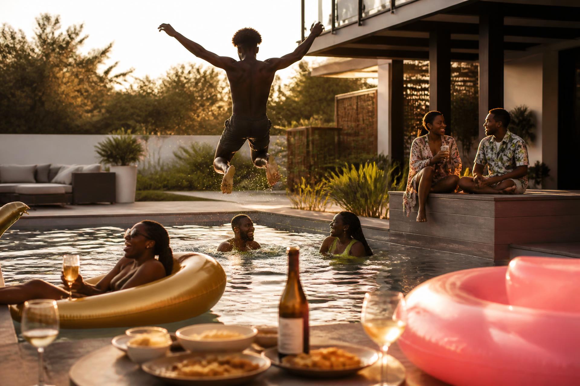 Friends enjoying a private pool in Lusaka at golden hour